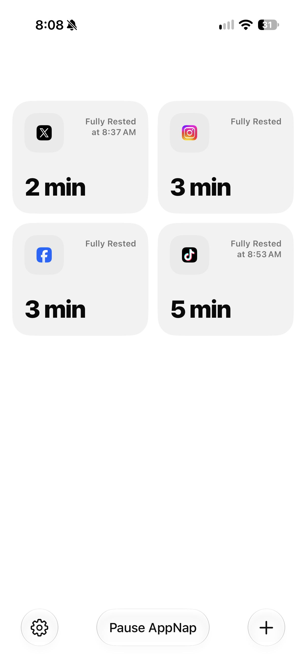 AppNap showing available minute balances for X, Instagram, Facebook, and TikTok.